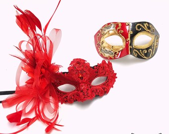 Red lace mask with feather accents paired with a black and gold Venetian-style mask featuring ornate details, ideal for elegant events.