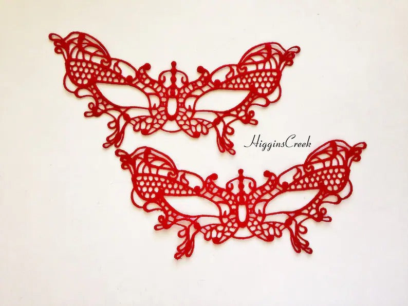 Elegant red butterfly lace masquerade mask for women’s prom, ball, or party.