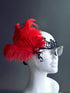 Red Feather Masquerade Mask with black lace, designed to fit over glasses, adorned with striking red feathers.