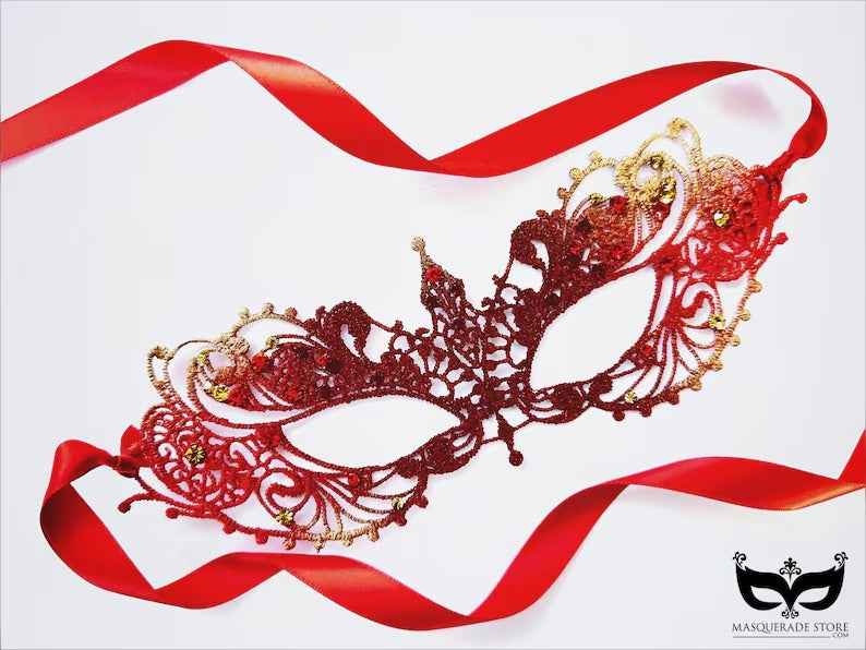 Red and gold lace masquerade mask with glitter accents and satin ribbon ties, Venetian-style lace mask for prom, weddings, parties, and Halloween.