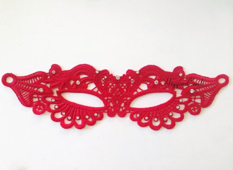 Red lace masquerade mask with rhinestones, elegant lace party mask for women, prom, masquerade ball, and wedding parties.