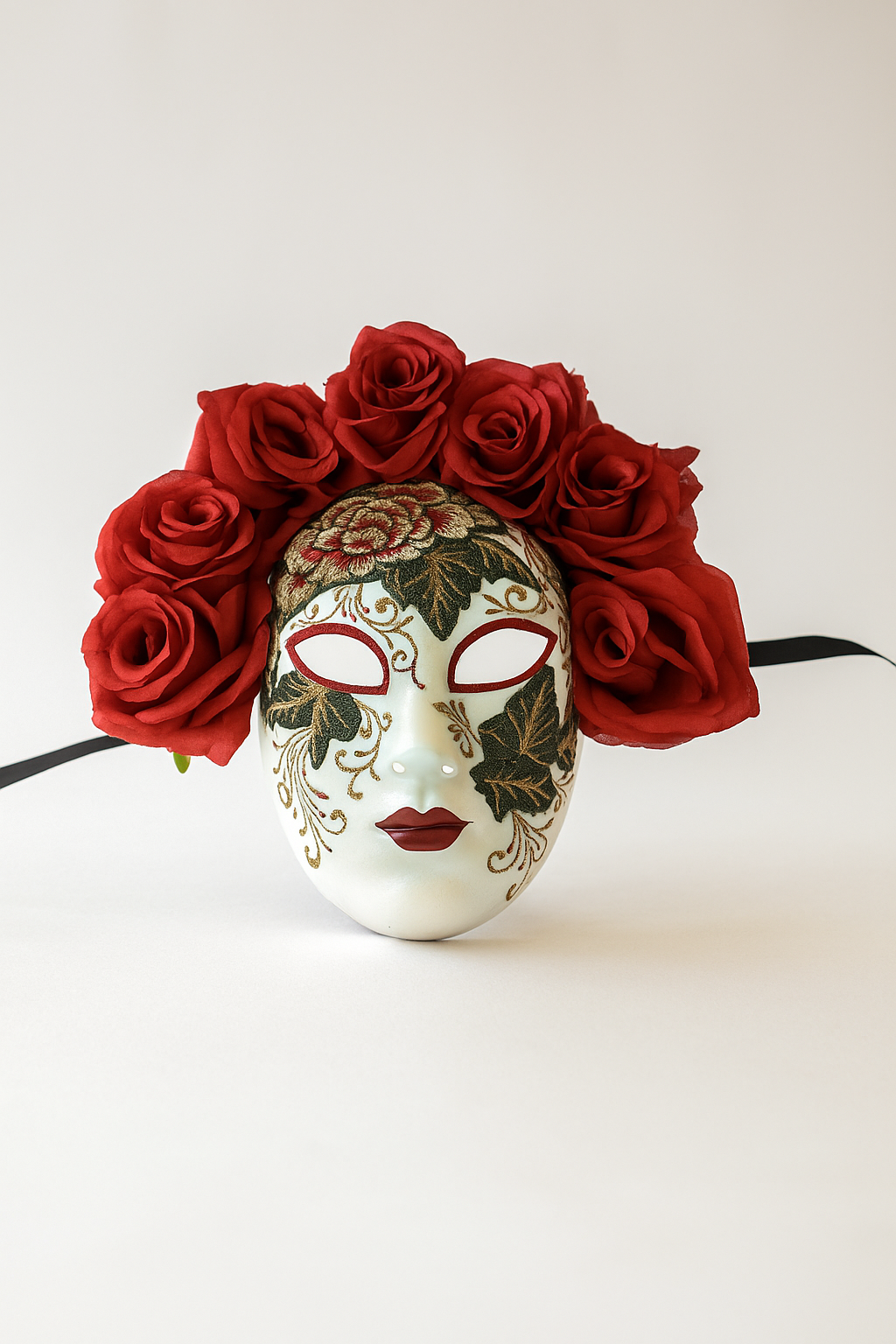 Red rose embroidered full-face masquerade mask with floral crown for Day of the Dead and Halloween.