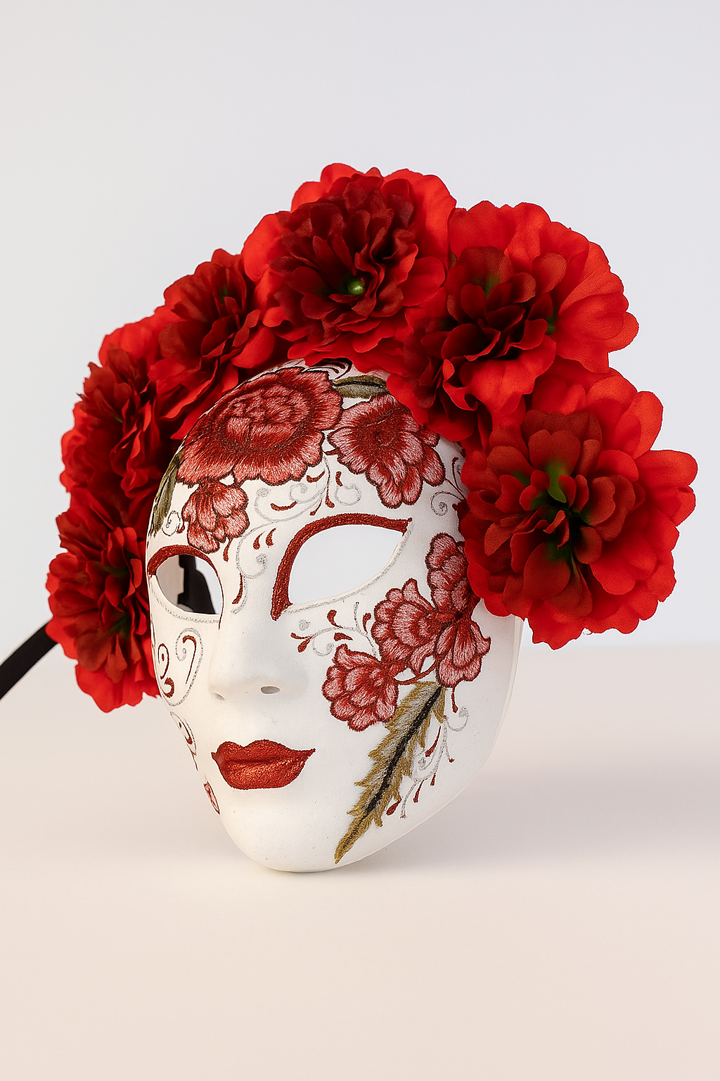 Red rose embroidered full-face masquerade mask with floral crown for Day of the Dead and Halloween.
