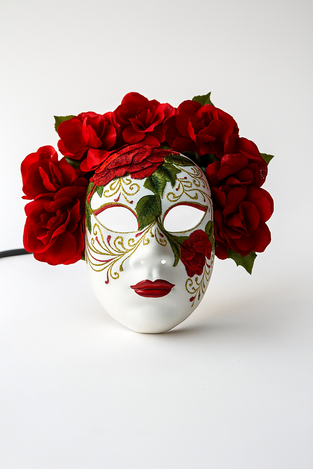 Red rose embroidered full-face masquerade mask with floral details for Day of the Dead and Halloween.
