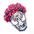Black metal skull mask adorned with red roses and rhinestones, ideal for Day of the Dead, Halloween, and gothic celebrations.