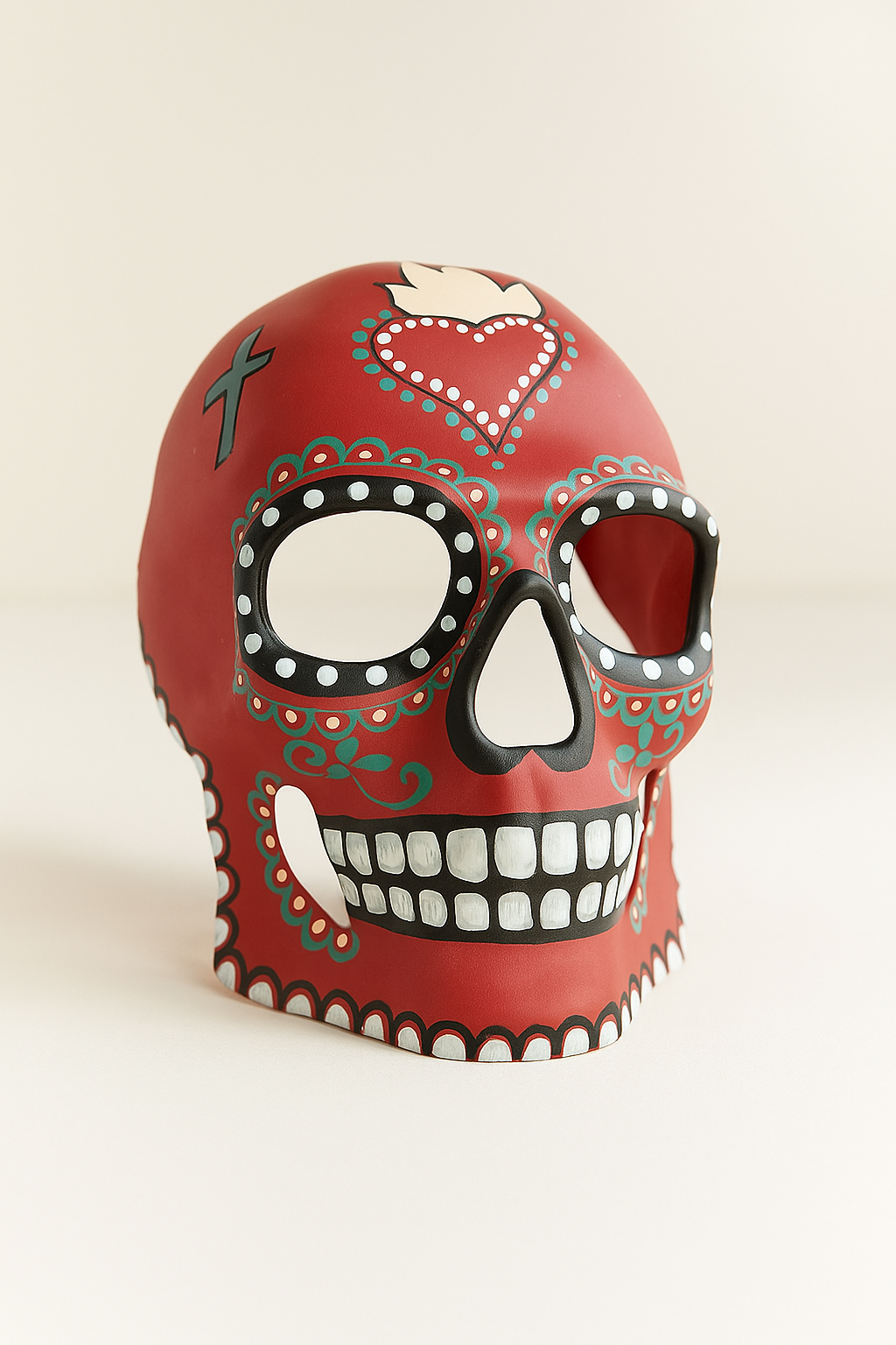 Red sugar skull mask with festive heart and cross design.