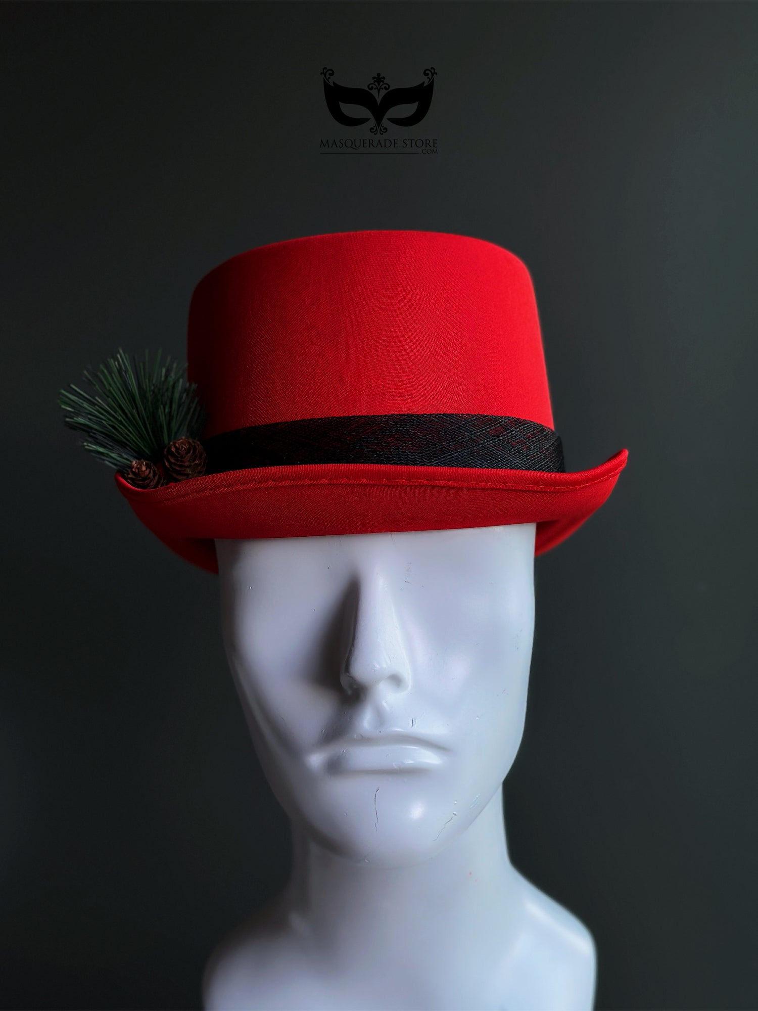 Red Christmas top hat with pine greenery pinecone accent for holiday outfits and winter parties