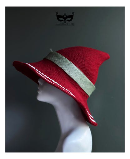 Red Christmas wide brim hat with pine greenery pinecones berries and ribbon holiday accent