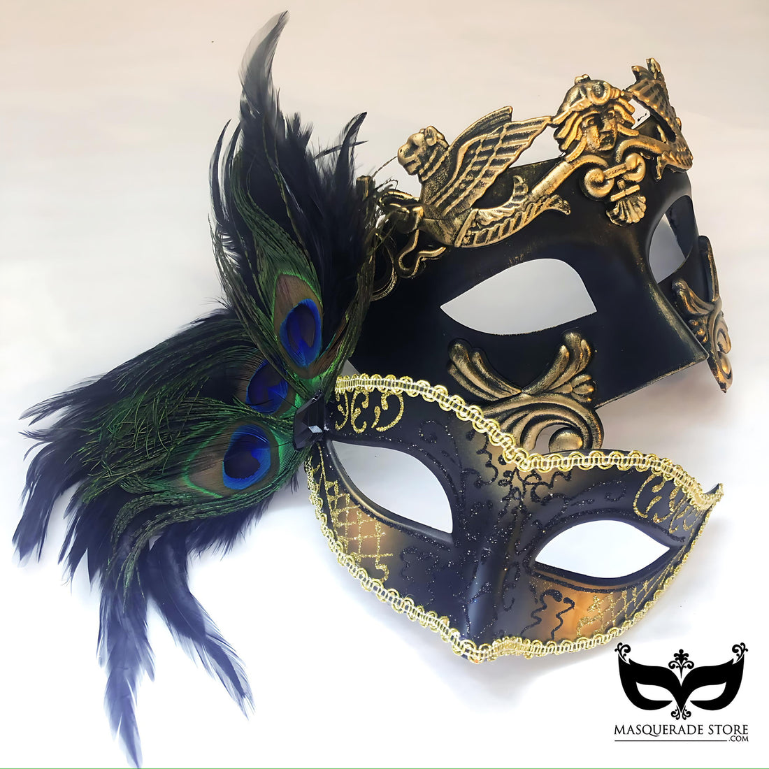 Elegant black and gold masquerade masks for couples with peacock feathers and gold trim, perfect for prom or Venetian balls