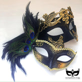 Elegant black and gold masquerade masks for couples with peacock feathers and gold trim, perfect for prom or Venetian balls