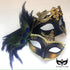 Elegant black and gold masquerade masks for couples with peacock feathers and gold trim, perfect for prom or Venetian balls