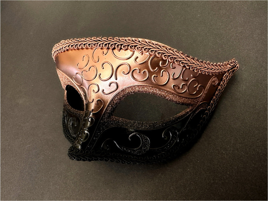 Rose gold and black Venetian masquerade mask for men with swirl filigree, glitter eyes and ornate trim