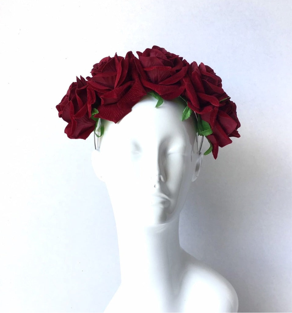 Scarlet Rose floral crown available in Wine Red and True Red with green leaves