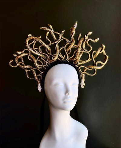 Front view of gold Medusa crown headpiece with detailed golden snakes for Greek costume 2025 halloween