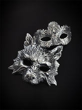 Silver wolf and lace couples masquerade masks on black background