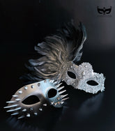 Silver gothic couples masquerade mask set featuring a metallic spiked men&