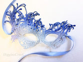 Elegant silver and blue ombré lace masquerade mask with rhinestones, perfect for prom or Venetian ball.