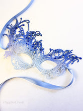 Elegant silver and blue ombré lace masquerade mask with rhinestones, perfect for prom or Venetian ball.