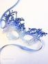 Elegant silver and blue ombré lace masquerade mask with rhinestones, perfect for prom or Venetian ball.