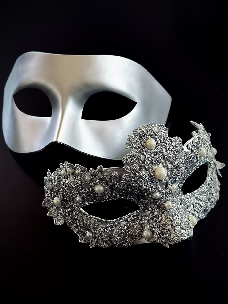 Silver Masquerade Masks - Elegant Venetian Couple Silver Masks ...