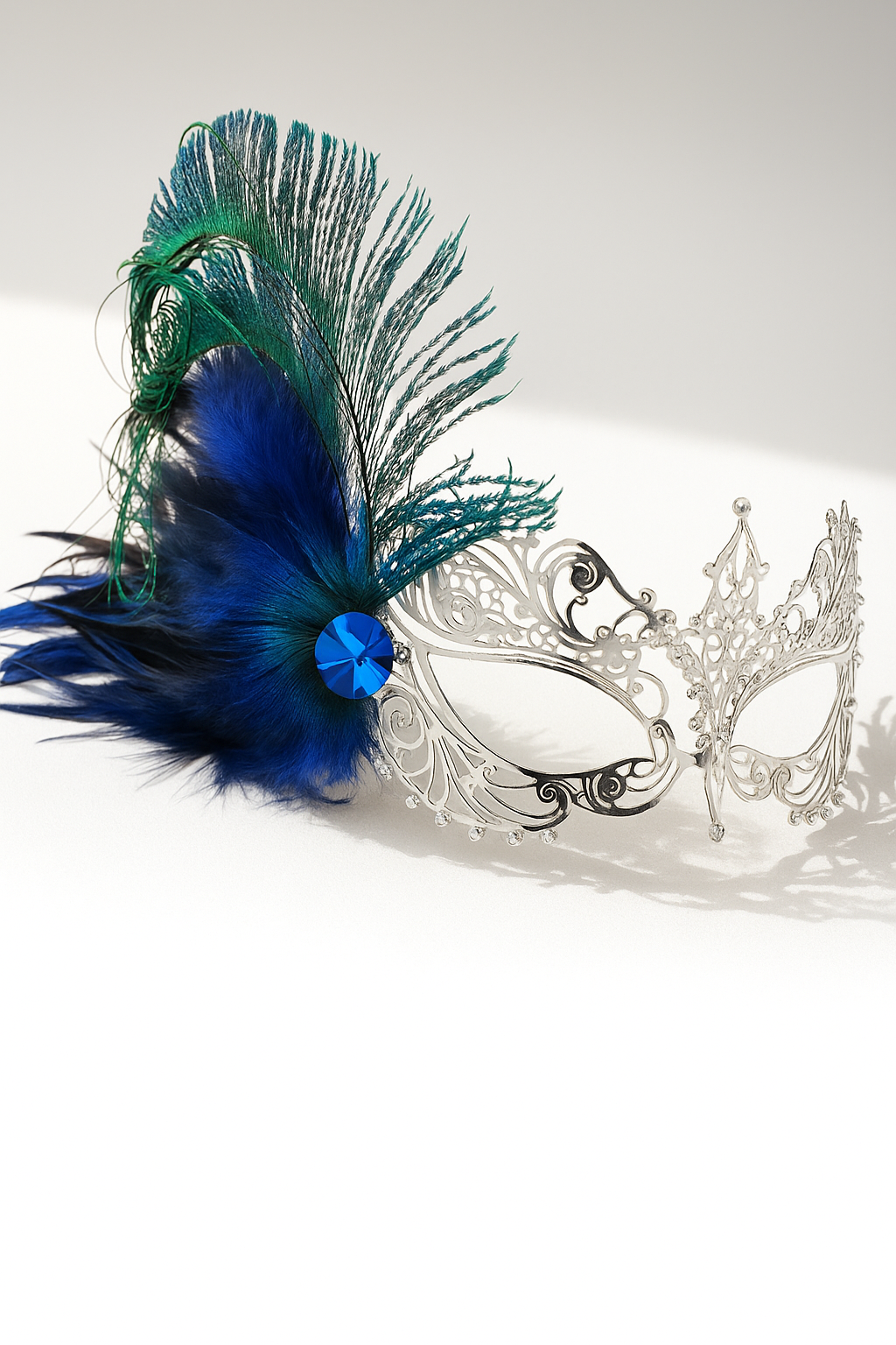 Silver filigree mask with blue and green feathers and jewel accent, designed for masquerade parties, weddings, and proms.
