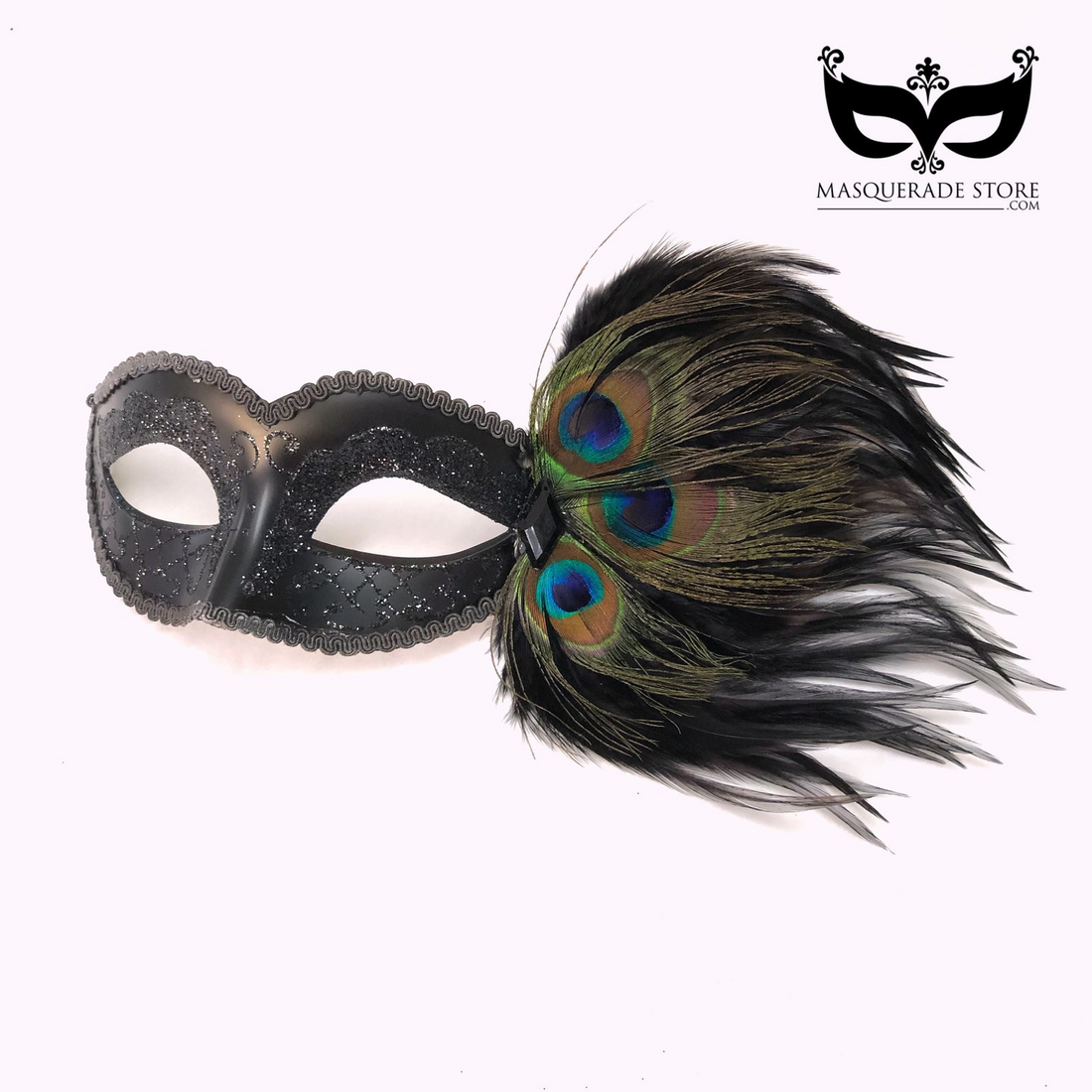 A women’s black glitter mask with peacock feathers.