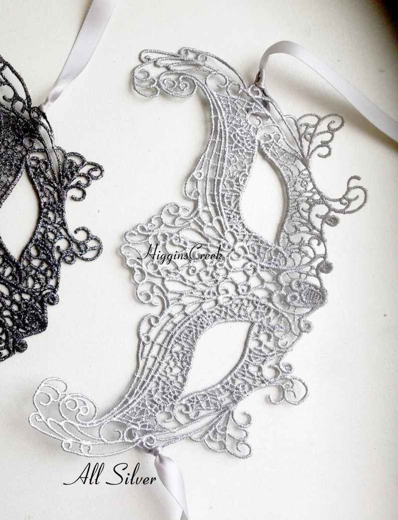 Silver lace masquerade mask, Venetian lace eye mask for women, perfect for weddings, masquerade balls, proms, and Halloween parties.