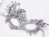 Elegant silver lace masquerade mask with blue rhinestones, ideal for Venetian parties, proms, or weddings.