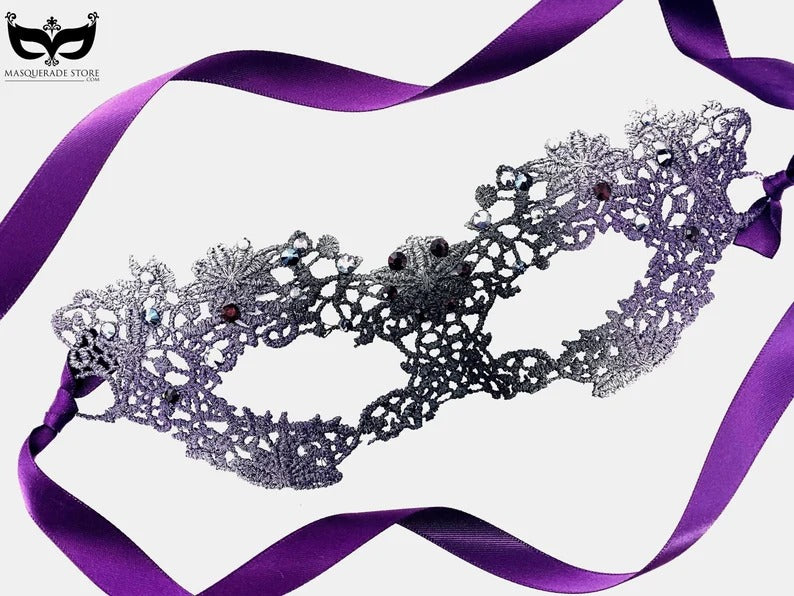 Silver lace masquerade mask with crystal details and purple ribbon ties, elegant Venetian mask for prom, weddings, parties, and Halloween.