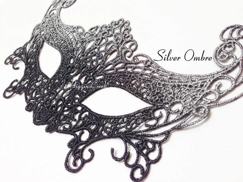 Silver ombre lace masquerade mask, Venetian lace eye mask for women, elegant mask for weddings, masquerade balls, proms, and Halloween costumes.