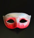 Silver and red ombre Venetian masquerade mask with embossed Baroque scrollwork, glitter eye detailing, and classic Phantom-inspired silhouette
