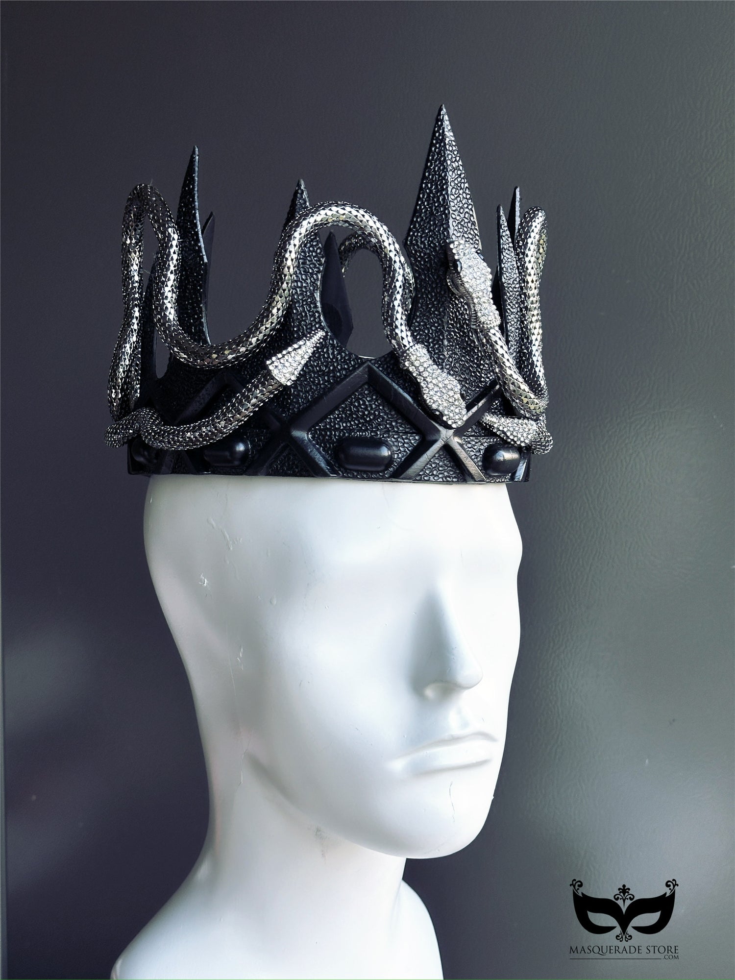 Black gothic crown with metallic snakes and pointed spikes, fantasy royal headpiece for men