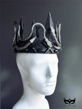 Black gothic crown with metallic snakes and pointed spikes, fantasy royal headpiece for men