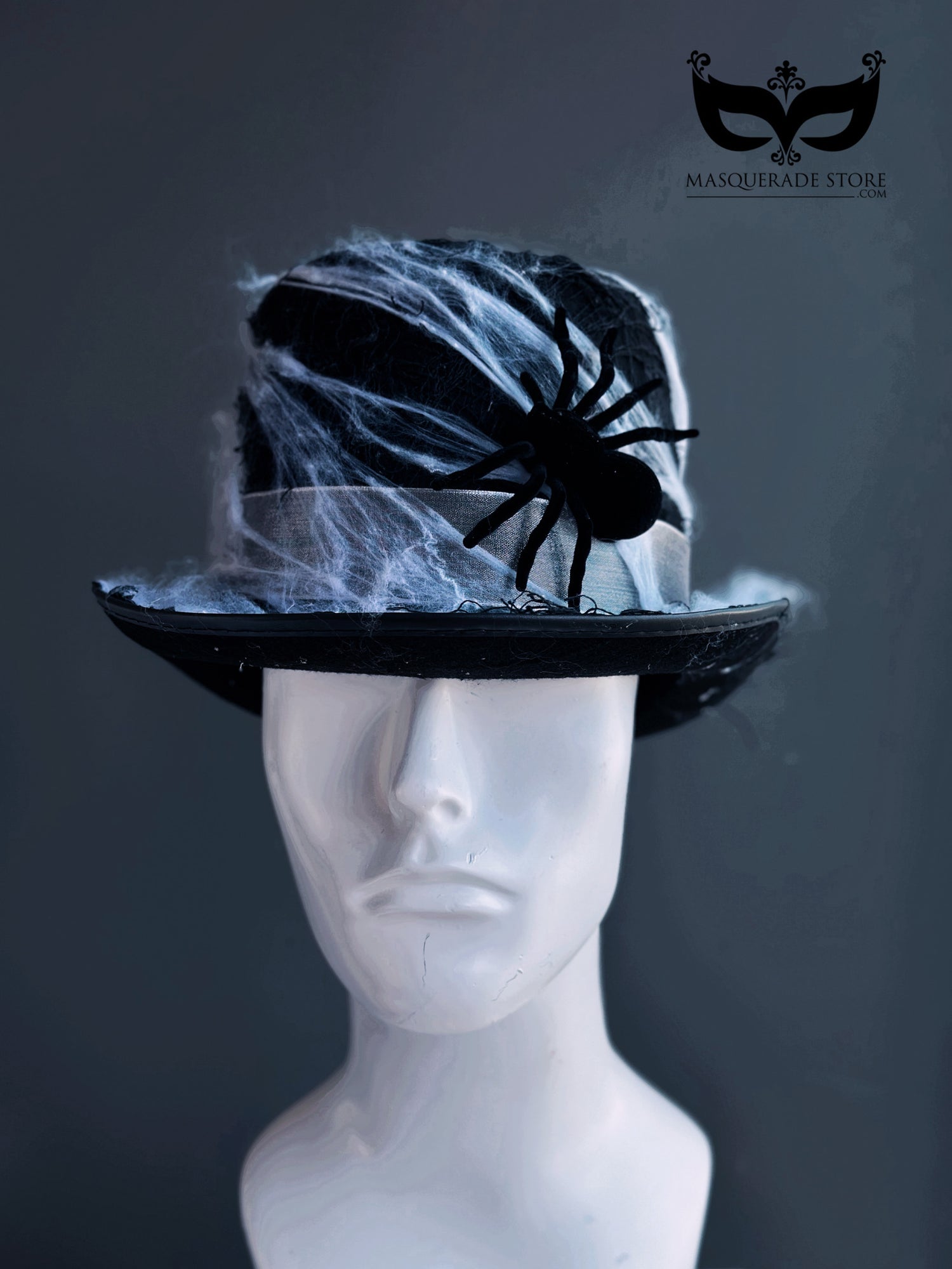 Black spider Halloween fedora with faux web details, creepy costume hat for parties or haunted looks