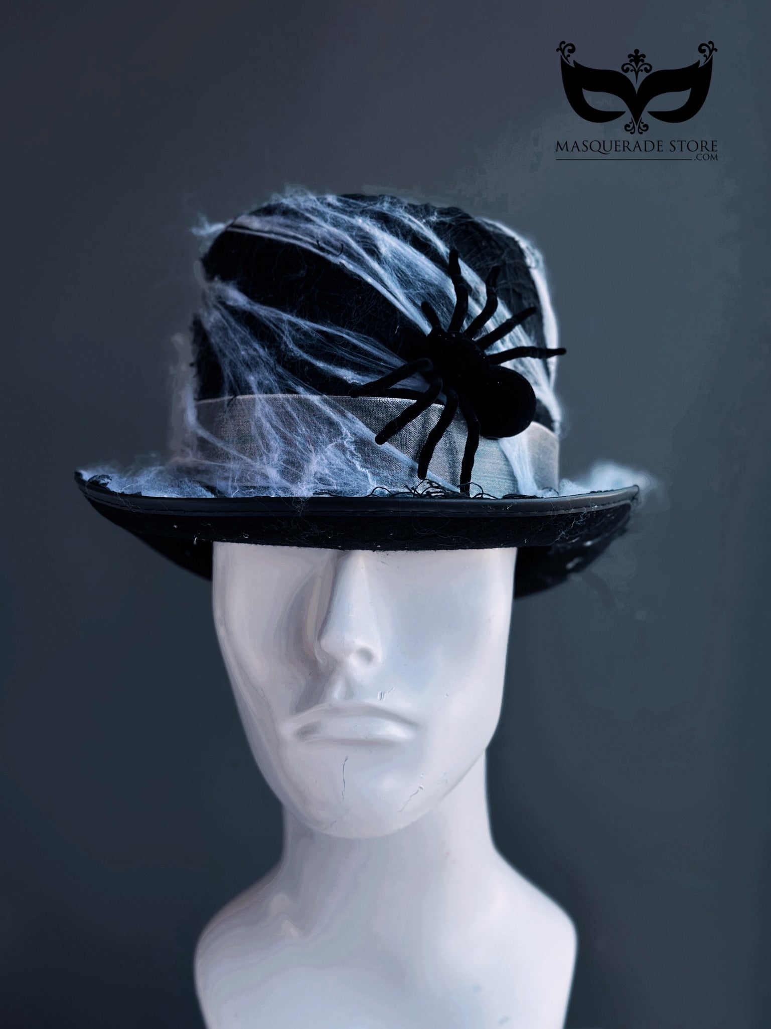 Black spider Halloween fedora with faux web details, creepy costume hat for parties or haunted looks