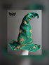 Whimsical green witch hat with gold glitter stars and ribbon for Halloween wizard costume