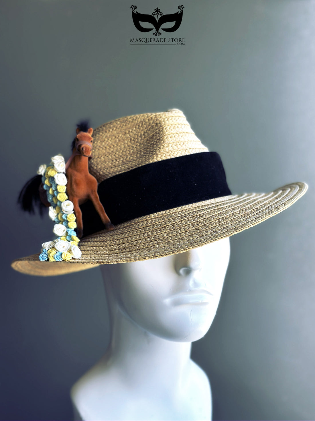 Straw Derby hat with black band, velvet horse figurine, and cascading rosettes, perfect for Kentucky Derby or race day fashion.