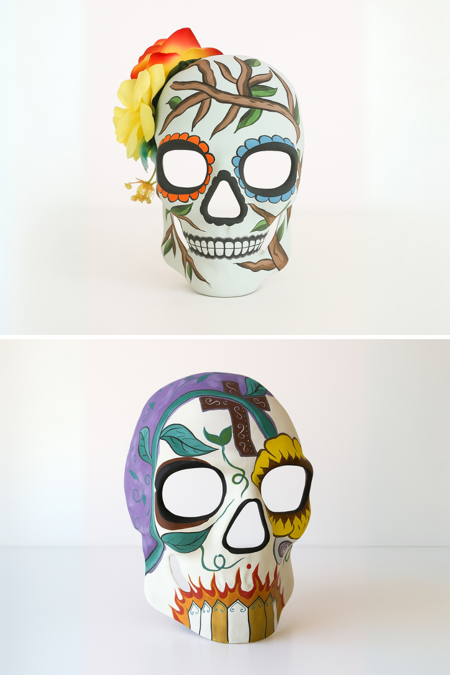 Día de los Muertos mask set featuring painted vines and floral details.