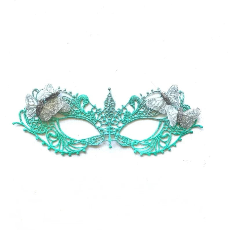 Teal lace masquerade mask with orange monarch butterfly accents for festivals and parties.