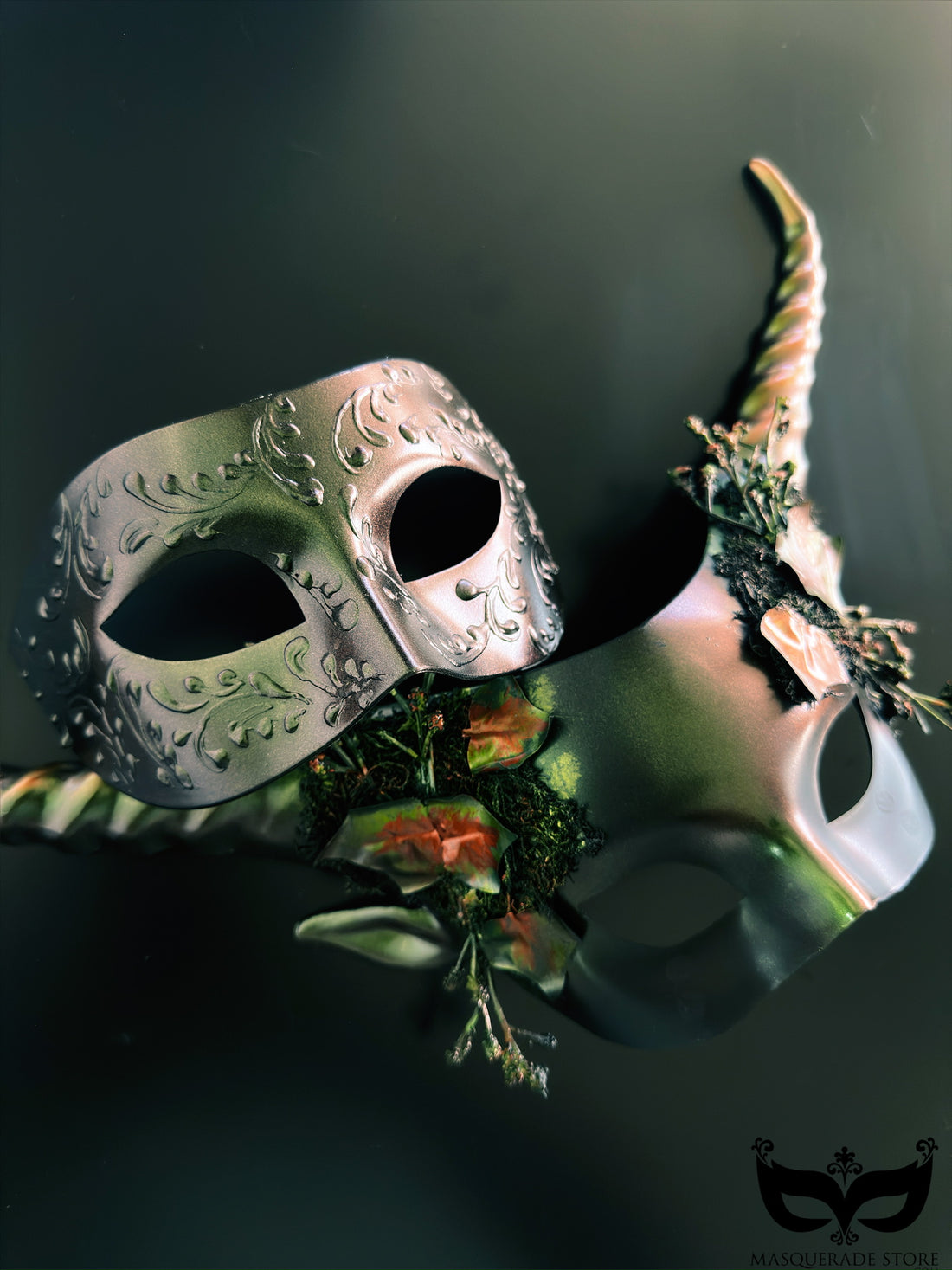 Bronze and floral horn couples masquerade mask set with filigree and moss accents for Halloween or fantasy events