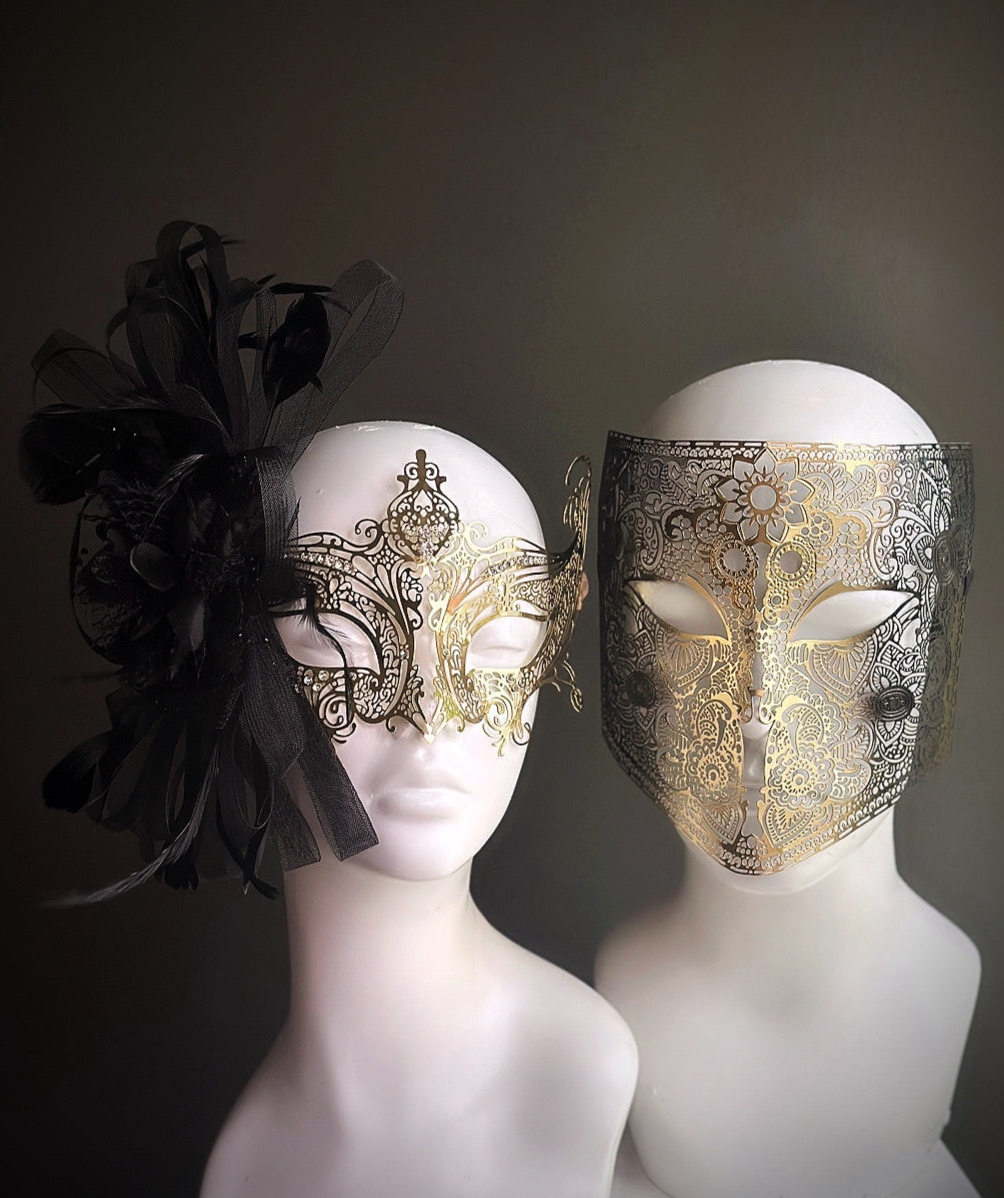 Elegant black and gold couples masquerade masks with floral and full-face baroque designs

