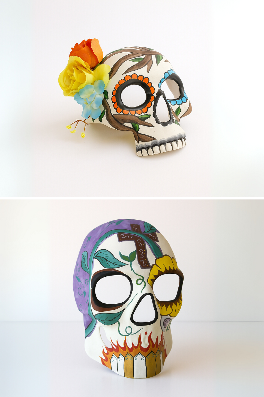 Día de los Muertos mask set featuring hand-painted vines and flowers.