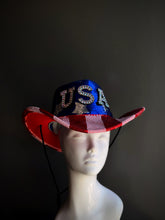 USA sequin cowboy hat with red, white, and blue sequins and rhinestone accents, ideal for patriotic events and festivals.
