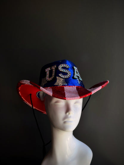 USA sequin cowboy hat with red, white, and blue sequins and rhinestone accents, ideal for patriotic events and festivals.