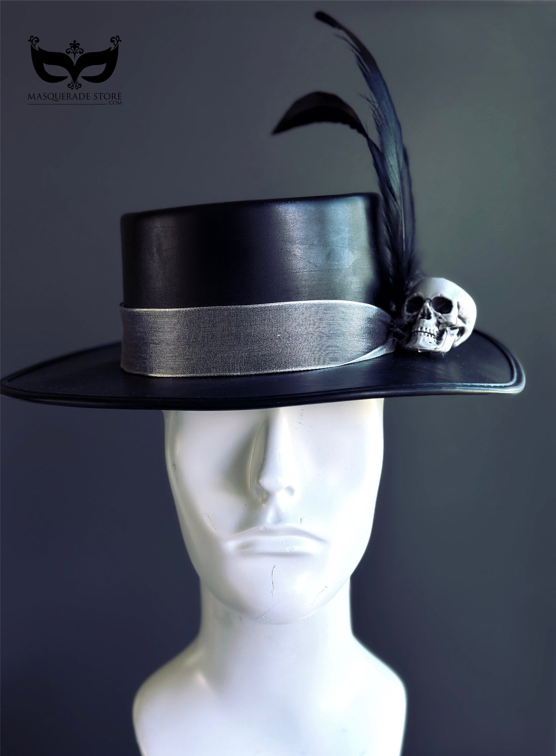 Black vegan leather top hat with skull and feather, gothic steampunk Halloween accessory for men