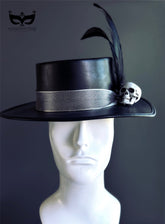 Black vegan leather top hat with skull and feather, gothic steampunk Halloween accessory for men
