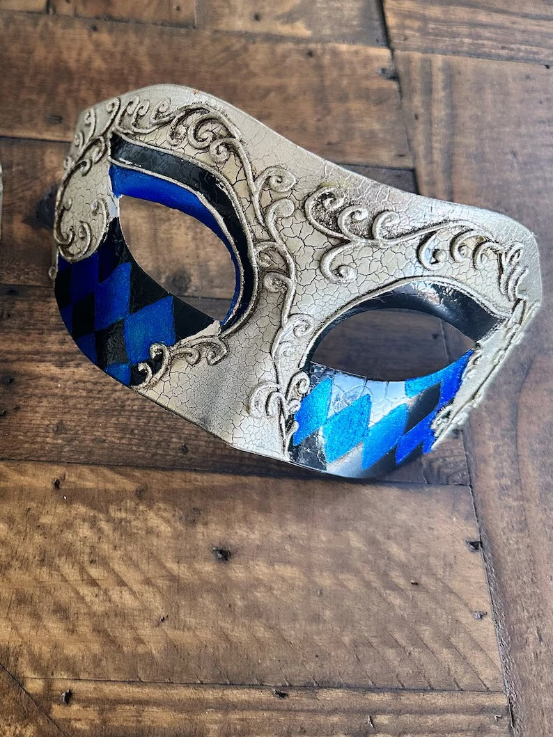 Blue and gold Harlequin Venetian masquerade mask for men, half-face Carnival mask.