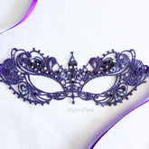 Violet lace masquerade mask with rhinestones, Venetian lace mask for women with satin ties, perfect for masquerade ball, prom, wedding, and Halloween.