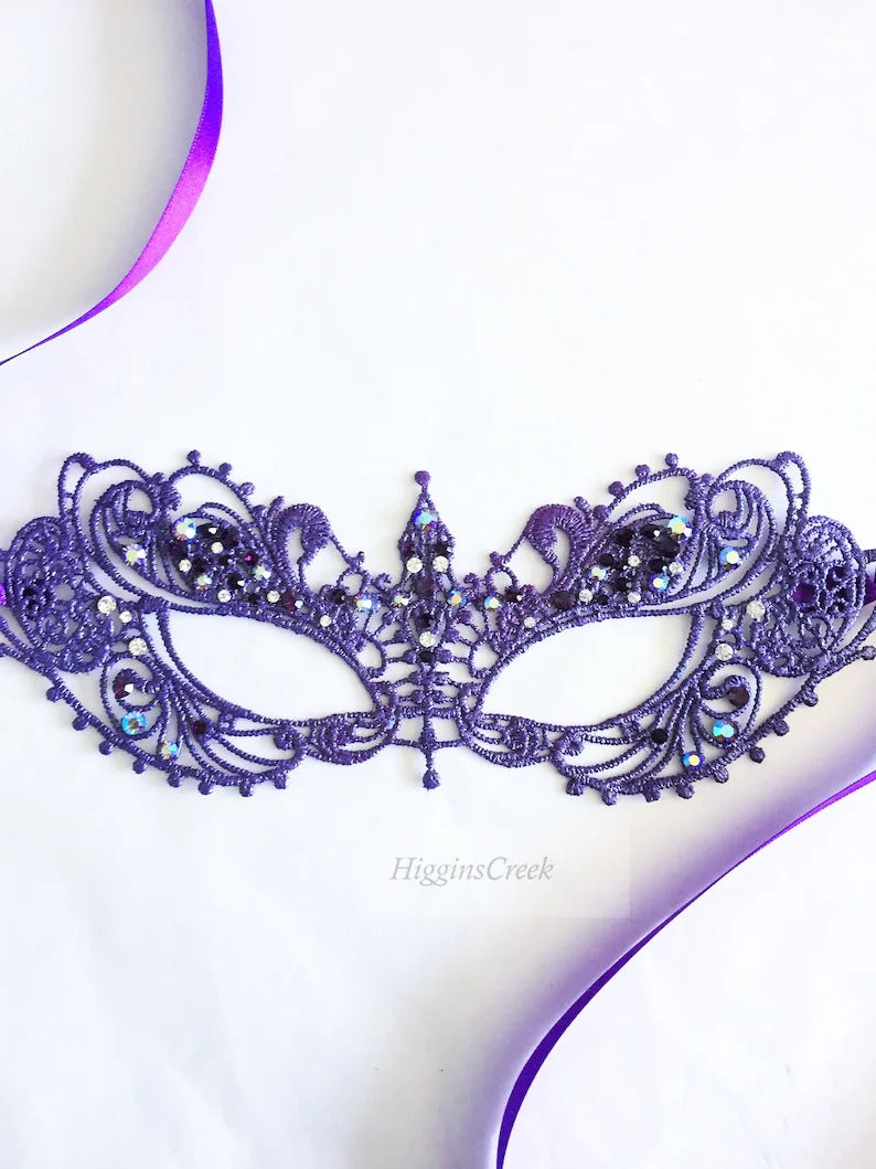 Violet lace masquerade mask with rhinestones, Venetian lace mask for women with satin ties, perfect for masquerade ball, prom, wedding, and Halloween.