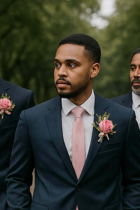 Set of 6 pink wedding boutonnieres with ivory ribbons for groom and groomsmen.